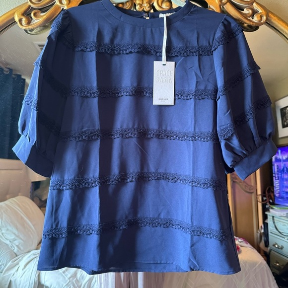 Grace Karin puff sleeve business casual shorts sleeve blouse size medium NWT - Picture 2 of 12